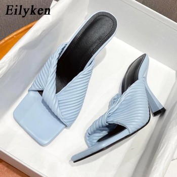 High Heels Slippers Woman Square Toe Fashion Pleated Design Ladies Sandals Summer 